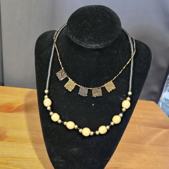 unknown Jewelry - 2 Vintage Wood & Beaded Necklaces Costume Fashion Jewelry, Boho 80s 90s